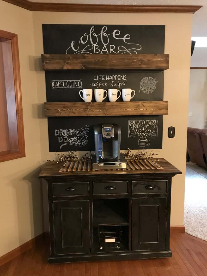 Powerful Chalkboard Wall with Solid Wood Shelves