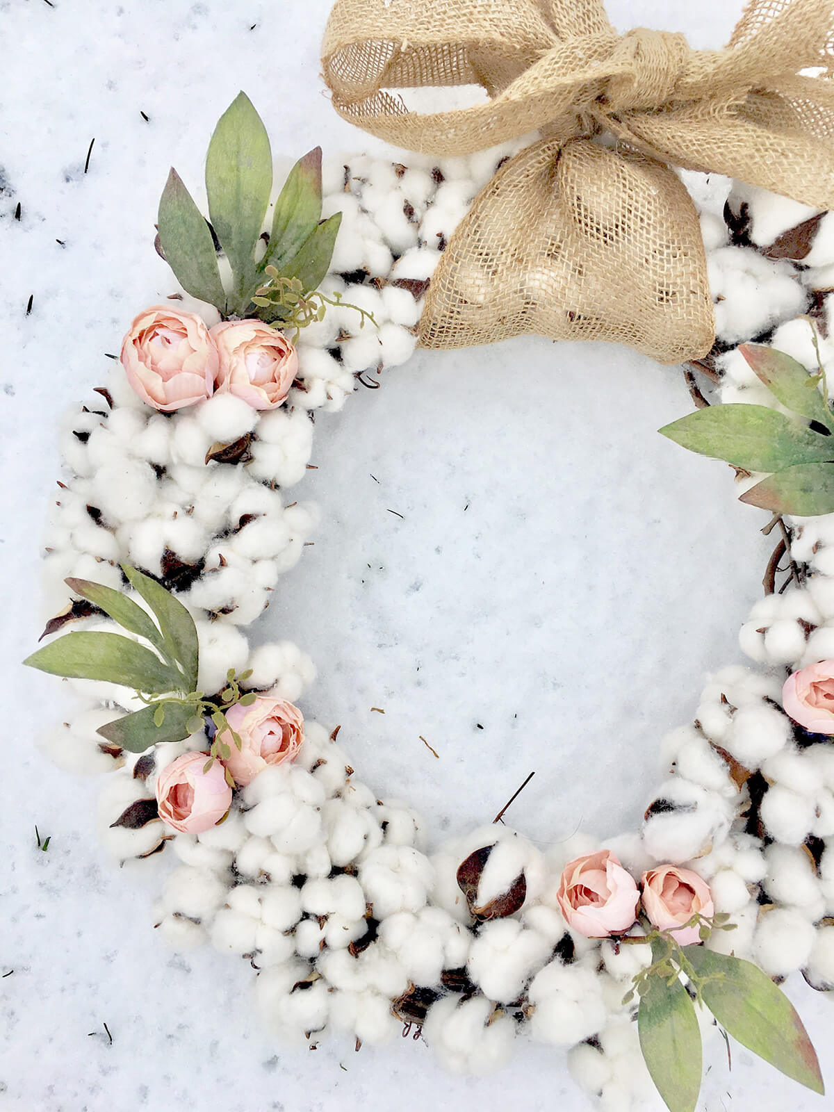 Pink-Rose, Burlap-Ribbon, Cotton Ball Wreath