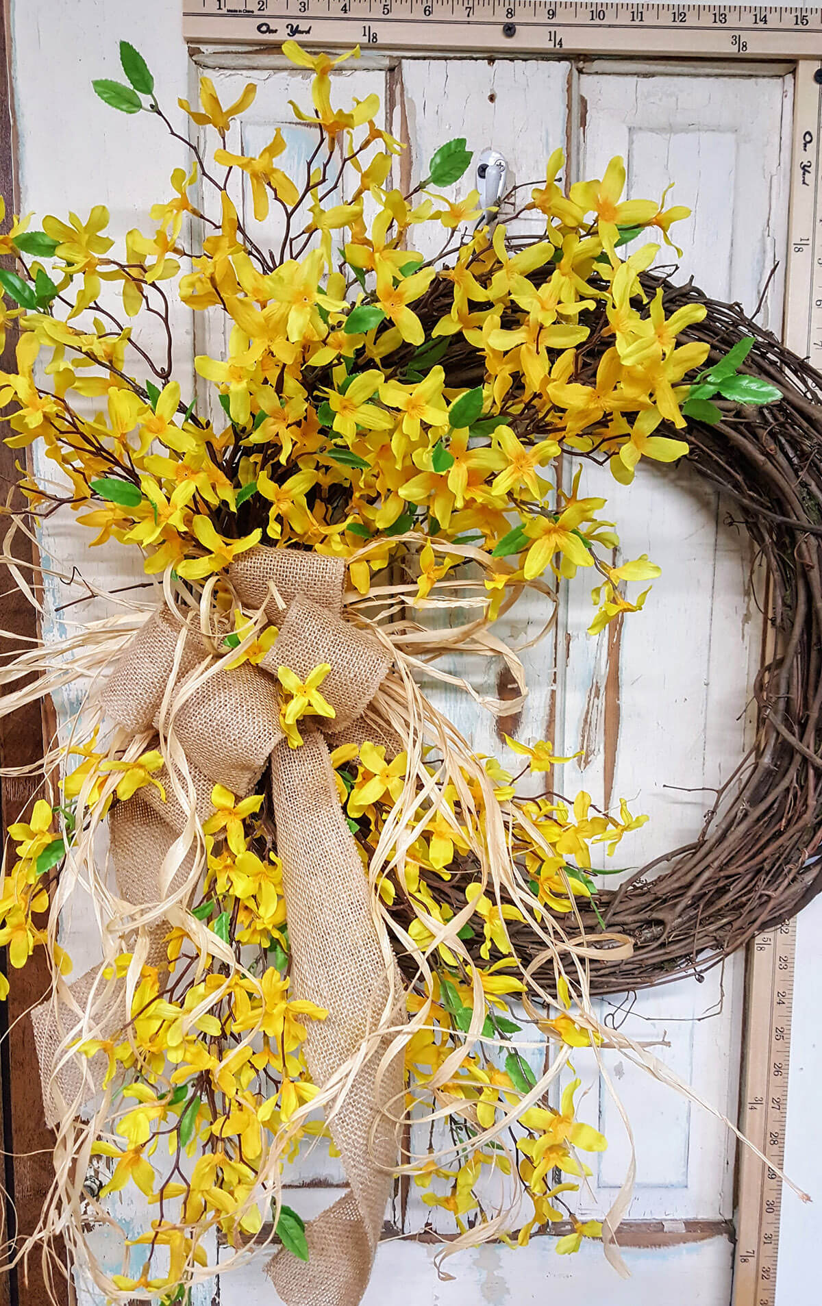 Showy Wreath with Burlap and Forsythias