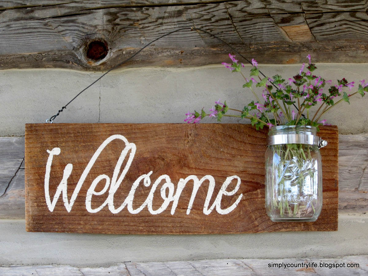 Mason Jar Vase und Willkommensschild