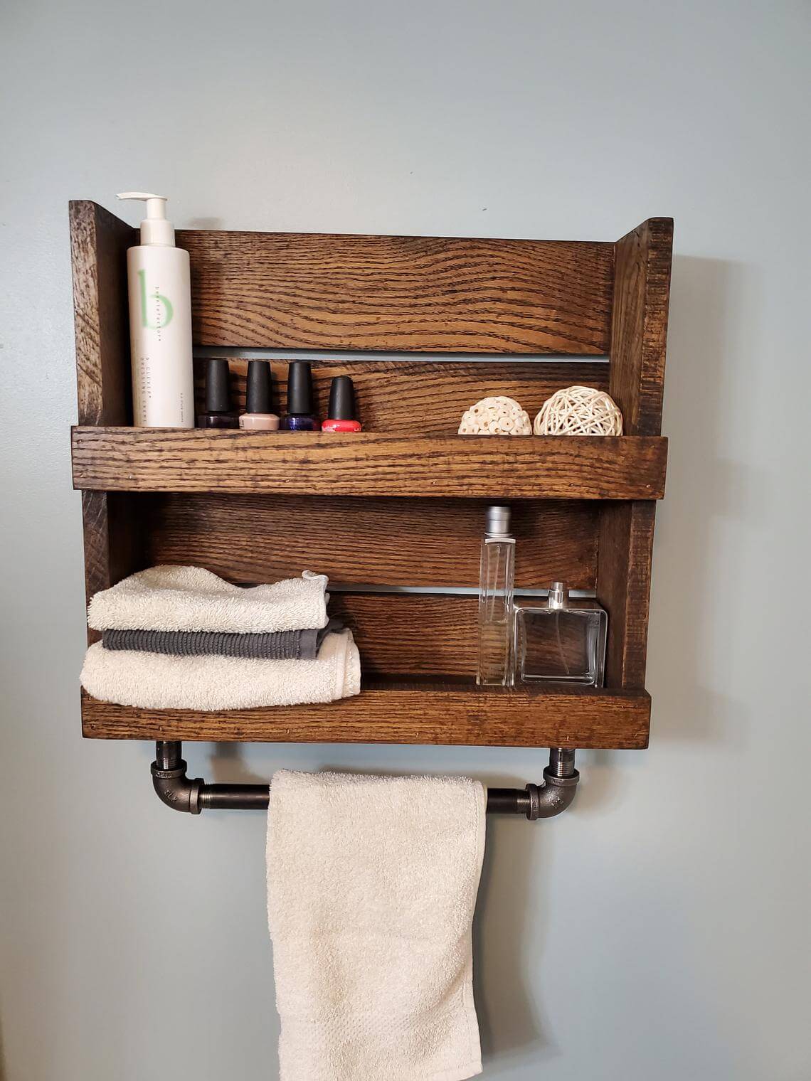 Rustic Crate Storage Shelf with Towel Rack