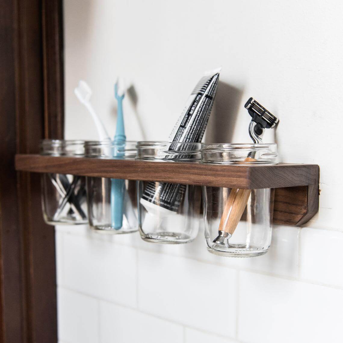 Wall Mounted Wood and Mason Jar Caddy