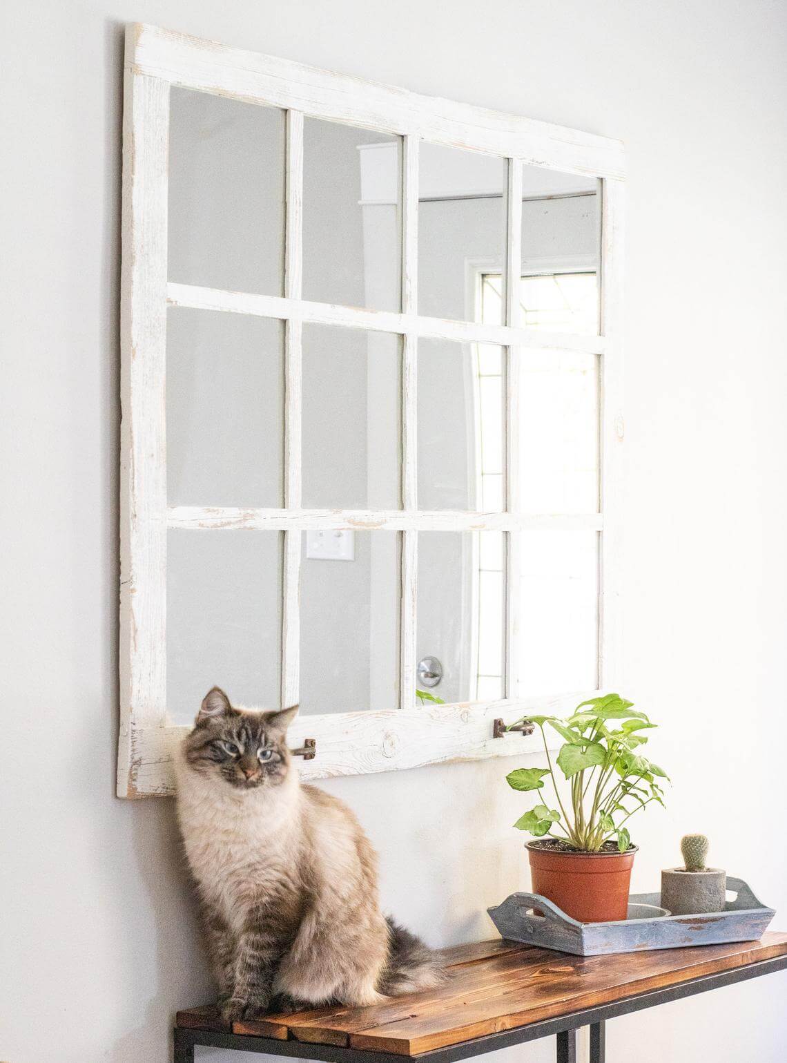 Distressed White Farmhouse Old Window Mirror