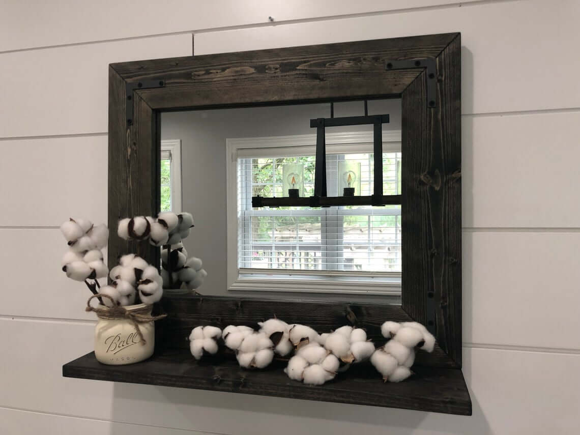 Rich Dark Wood Mirror with Built-In Shelf