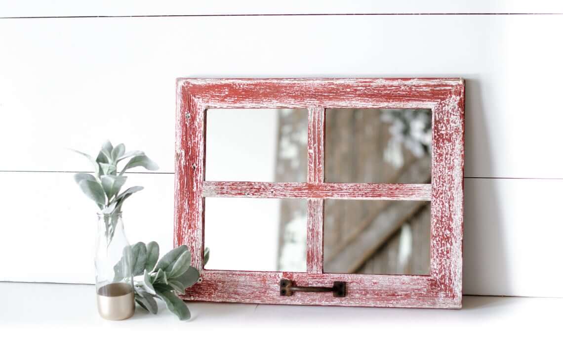 Small Distressed Red Mirrored Window Pane