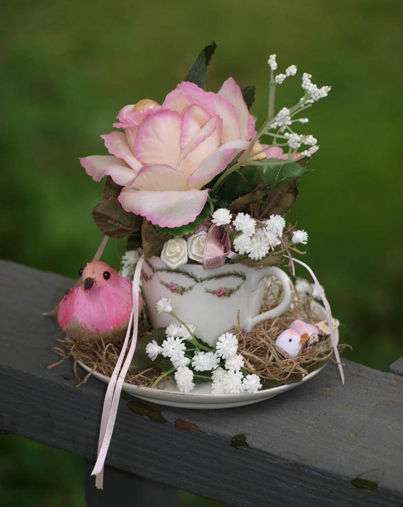 Tea Cup and Saucer Bird Babies in Nest