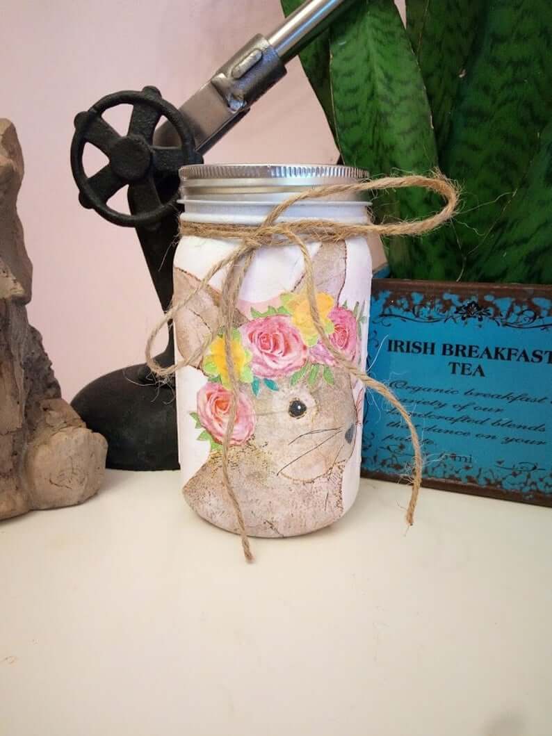 Painted Flower Crown Bunny Mason Jar