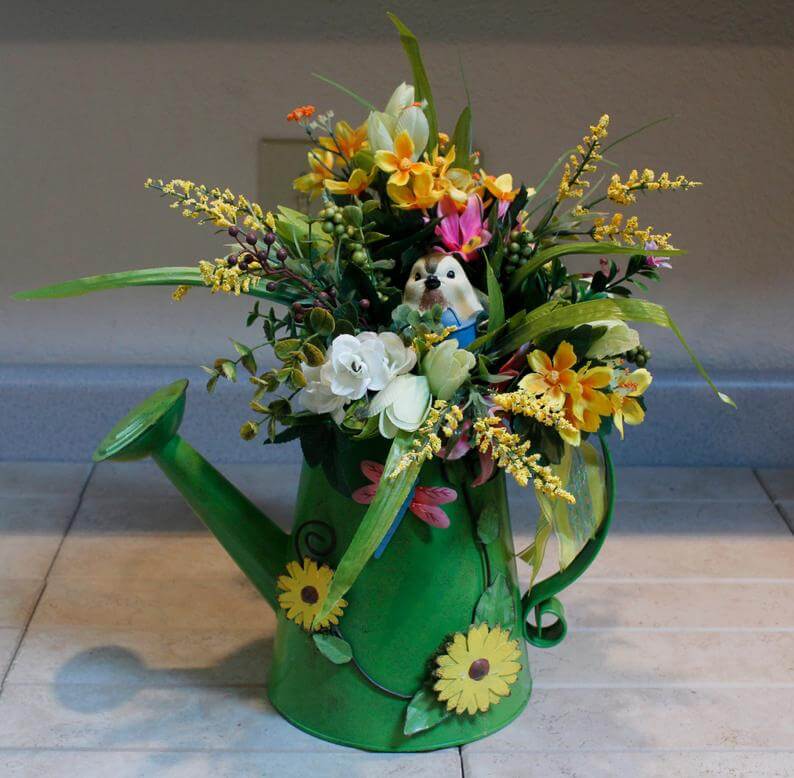 Watering Can with Sunflowers Bird and Spring Bouquet