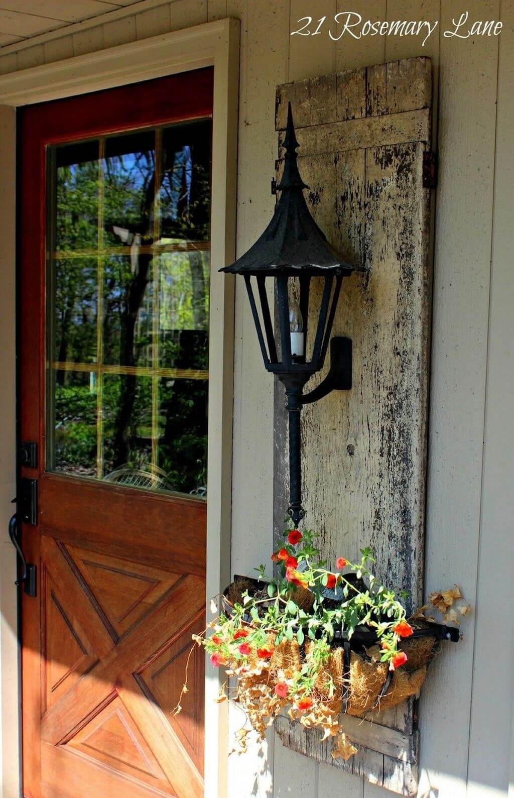 Shutter Style Aged Wood Lantern And Planter