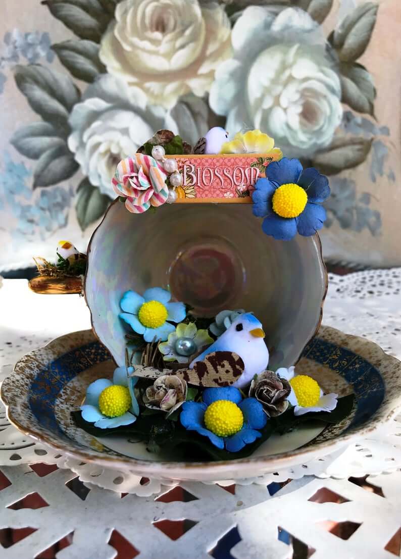 Tea Cup and Saucer Blossom and Blue Bird Flower Set