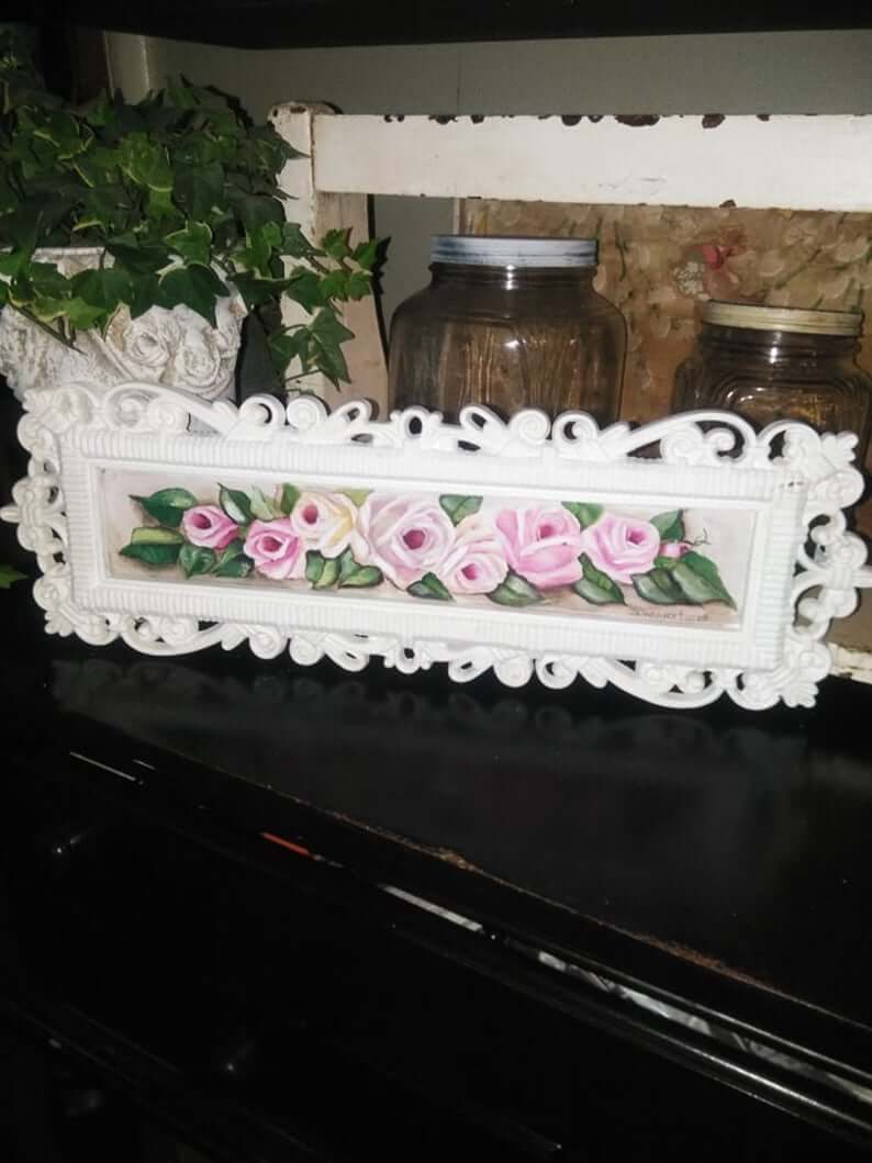 Fresh White Oblong Pink Rose Shabby Chic Sign