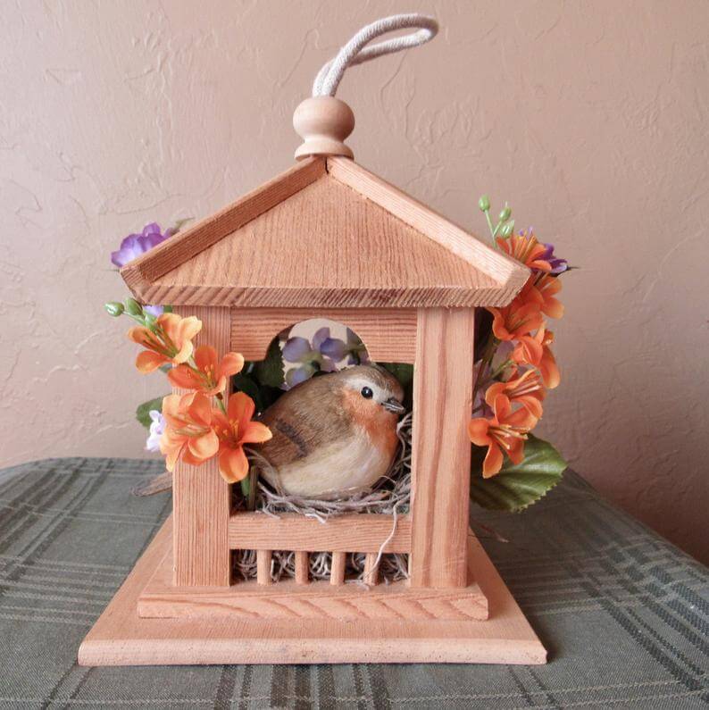 Rough Wooden Bird House with Rope Hook