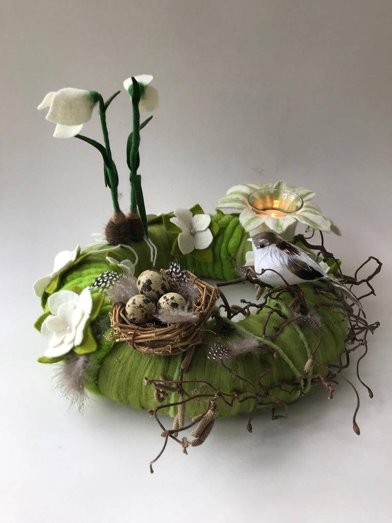 Speckled Eggs Green Nest with Votive Flower Holder