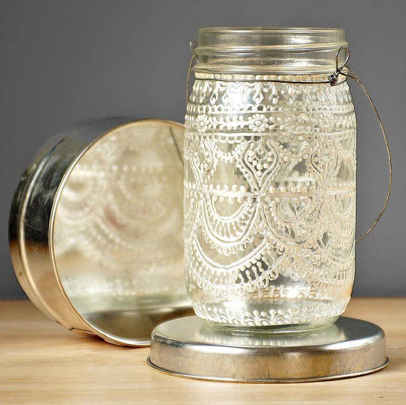 Lace Wrapped Mason Jar with Wire Handle on Silver Stand