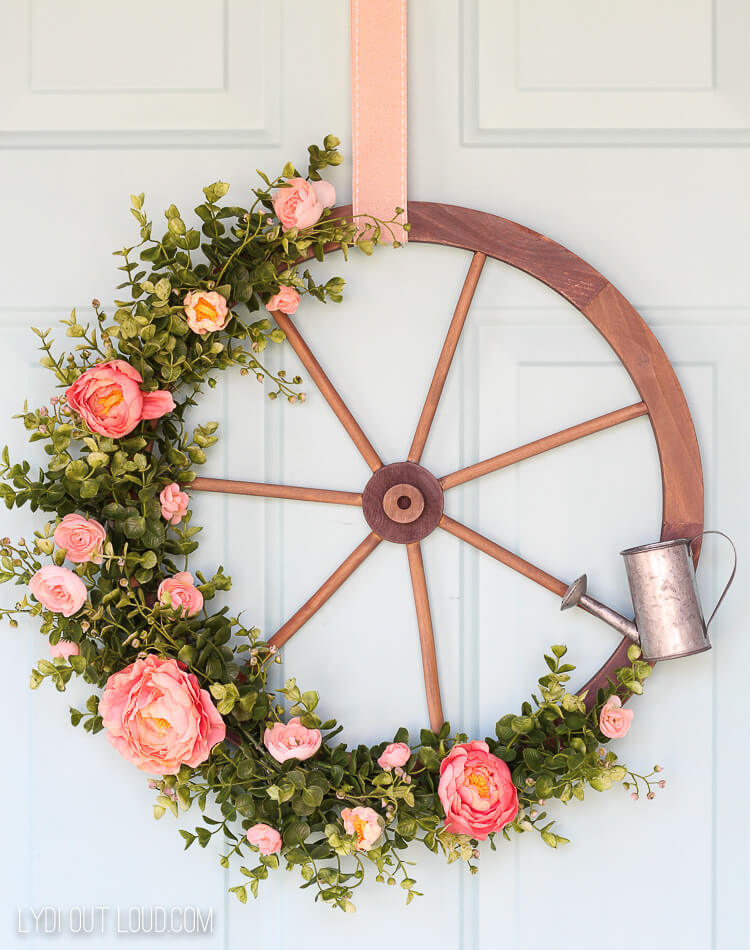 Blossoming Outdoor Wagon Wheel Wreath