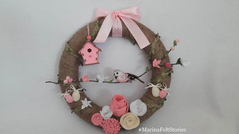 Felt Flowers and Pink Polka Dot Spring Twine Wreath
