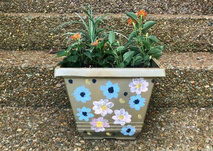 Plastic Planter with Hand Painted Flowers