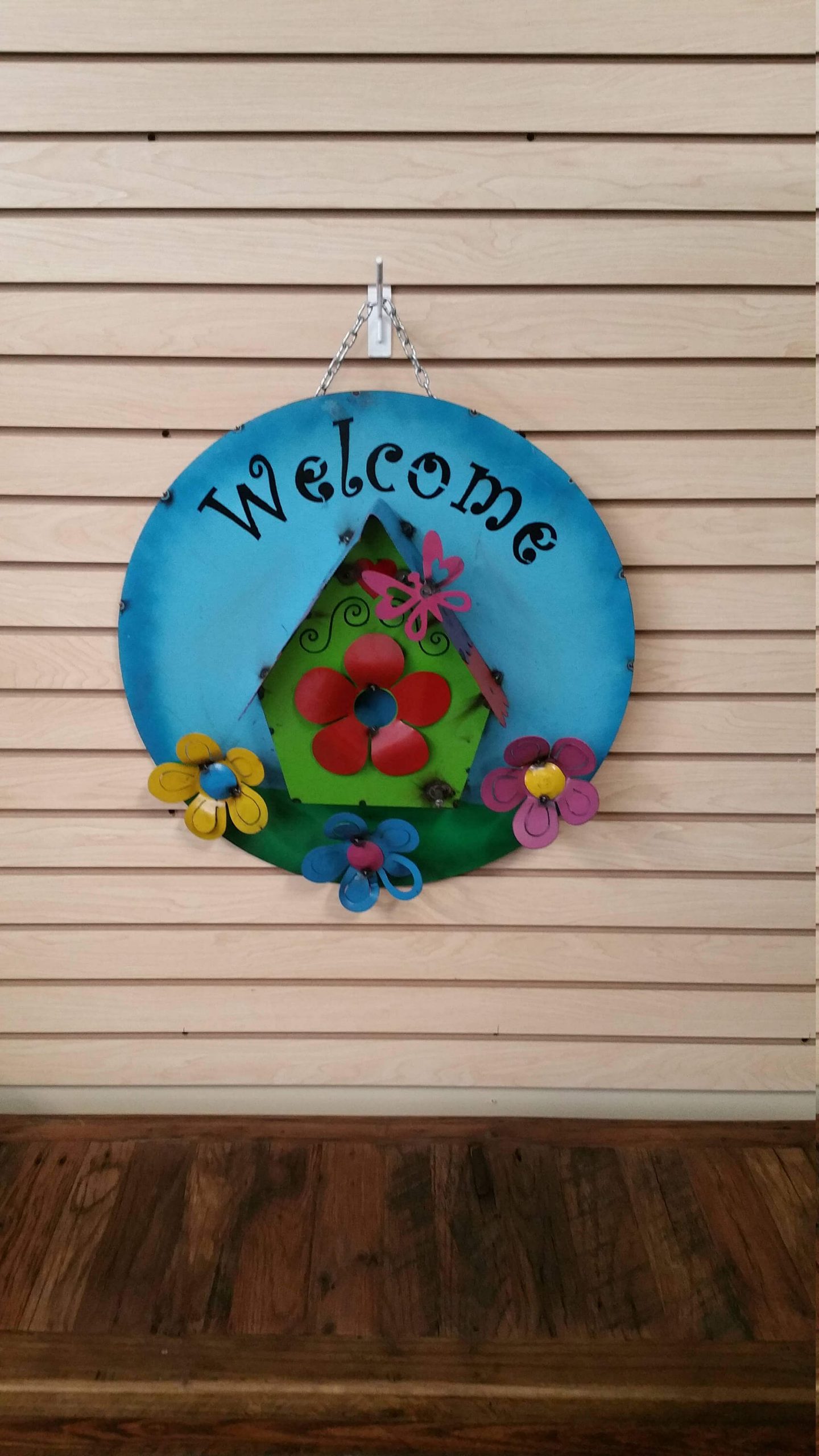 Metal Sign with Flowers and Bird House