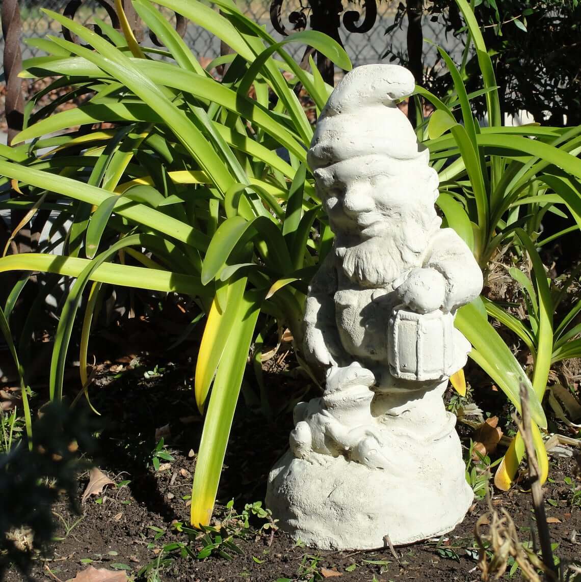 Gnomo de jardín de hormigón que pasea una estatua de mascota