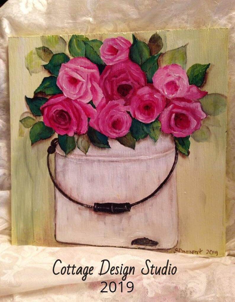 Vintage Old White Pail with Pink Fuschia Rose Bunch Print