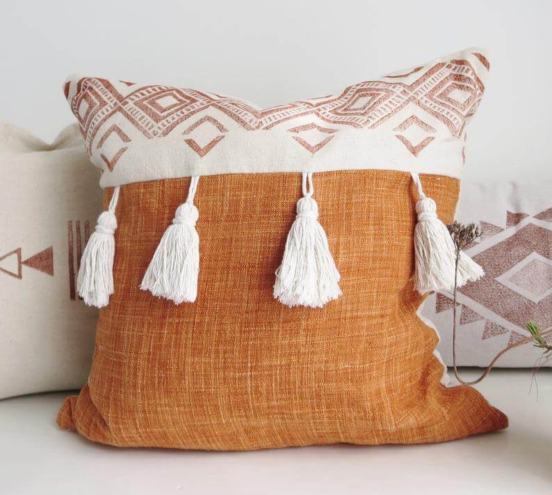 Tasseled Boho Pillow with Southwestern Block Print
