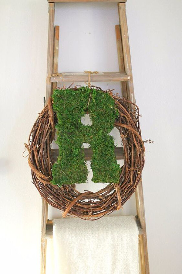 Moss Letter and Grapevine Wreath Blanket Ladder