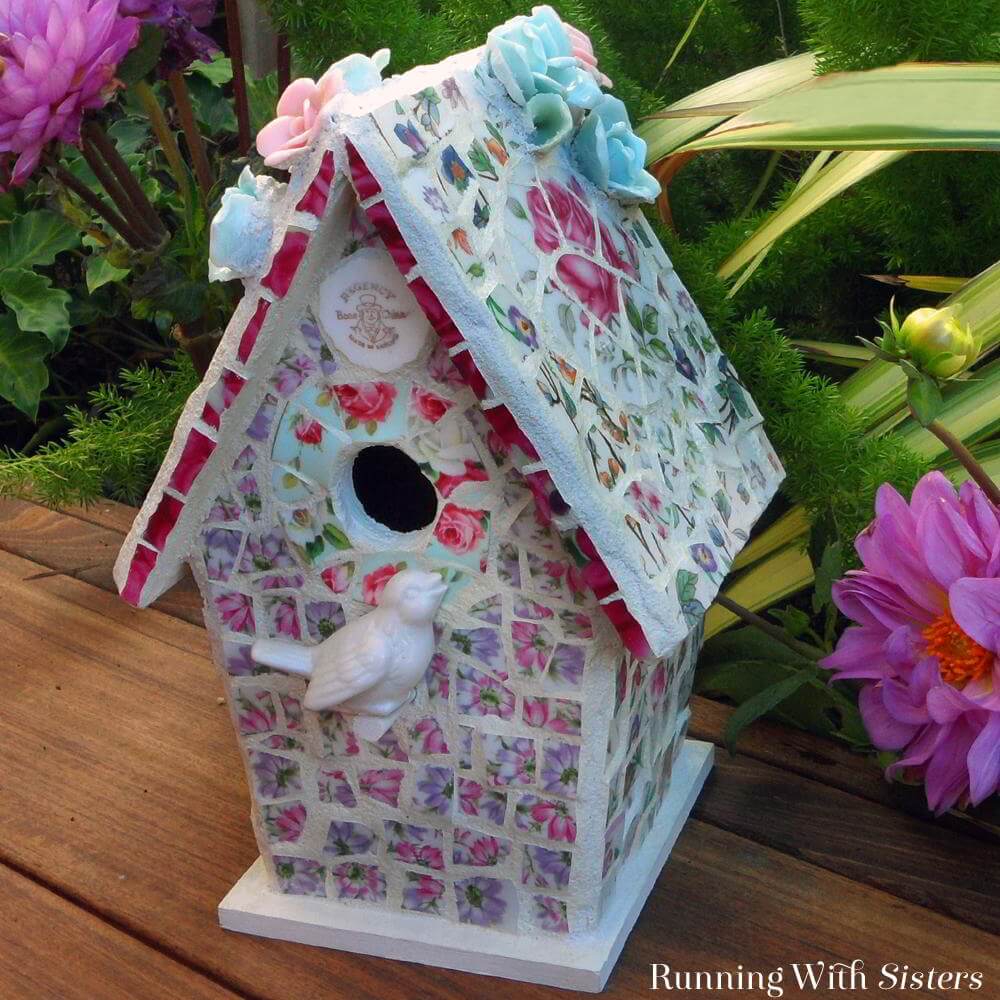 Repurposed Broken China Birdhouse Mosaic