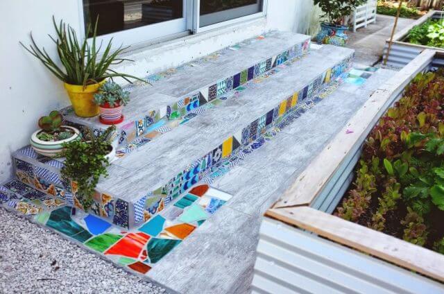 Fun Backyard Mosaic Tile Garden Stairway