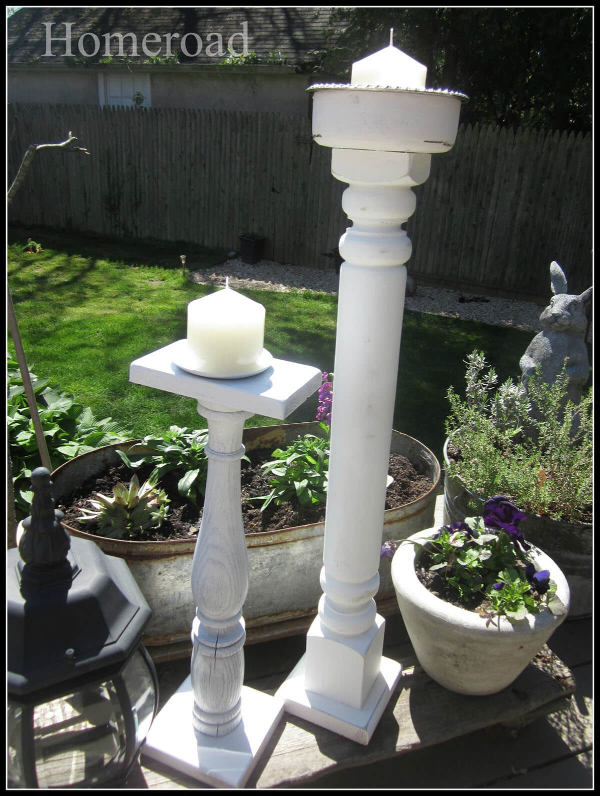 White and Wooden Spindle Outdoor Candle Stand