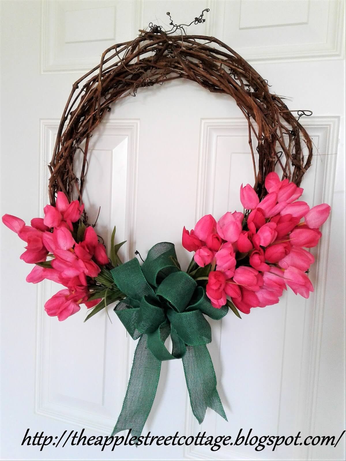 Grapevine Wreath with Pink Flowers and coordinating bow