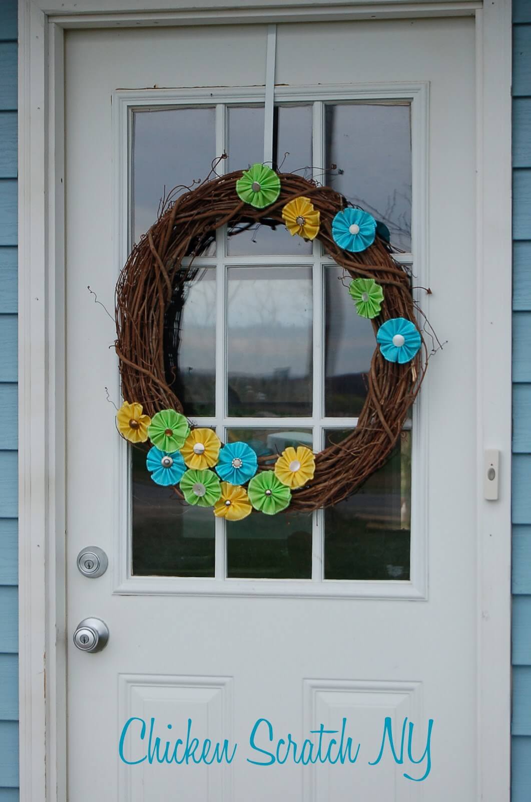 Spring Ribbon Flower with Antique Buttons Wreath