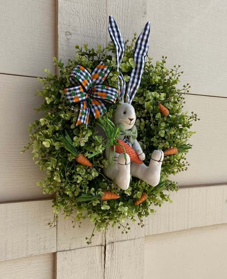 Garden Greens and Plaid Eared Bunny Wreath