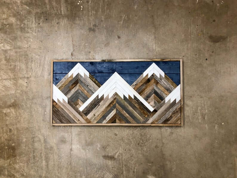 Handmade Reclaimed Wood Mountain Range with Blue Sky