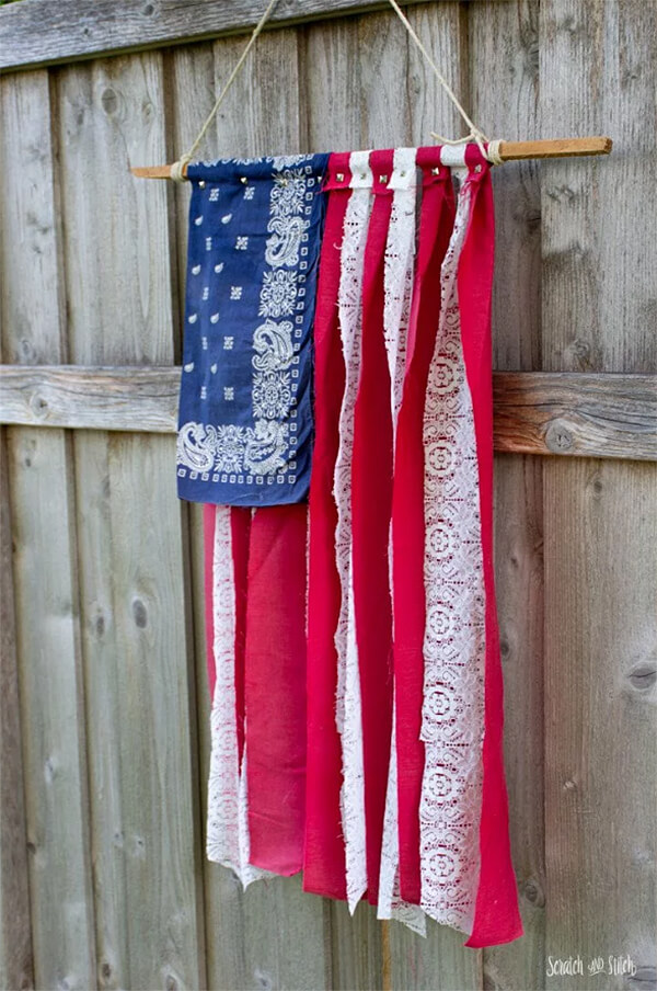 Folksy American Flag made of Fabric Scraps
