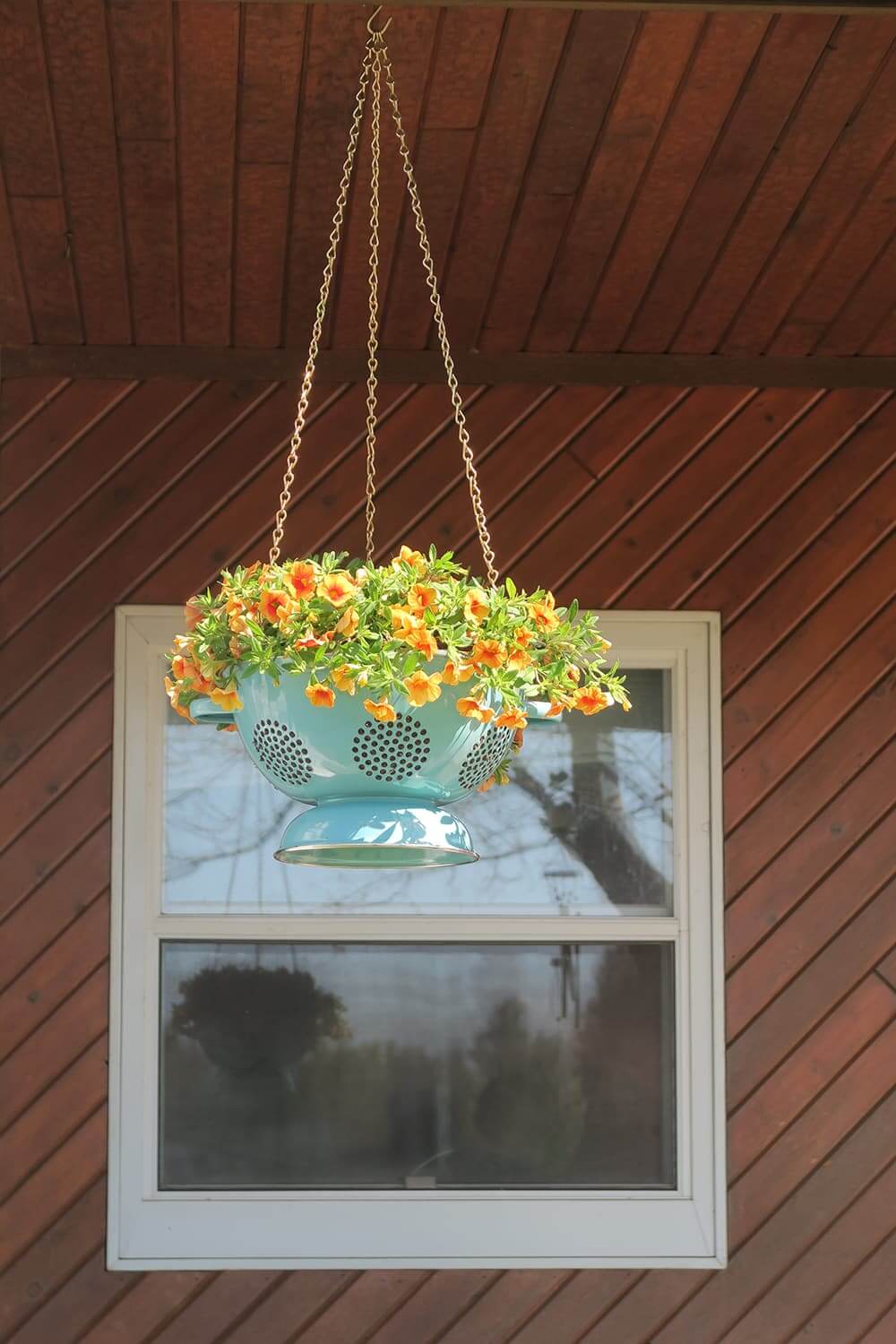 Repurposed Turquoise Colander Turned Hanging Basket