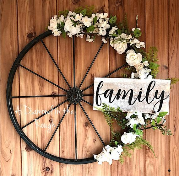 Metal Bicycle Wheel with Welcome Sign