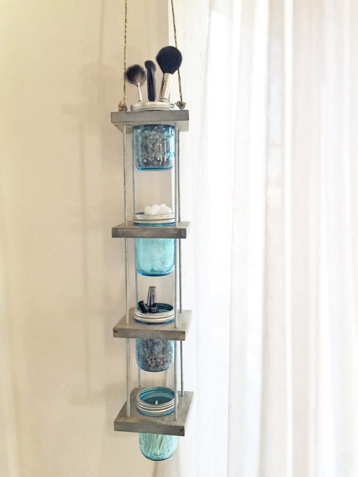 Vertical Sea Glass Blue Hanging Jar Shelf