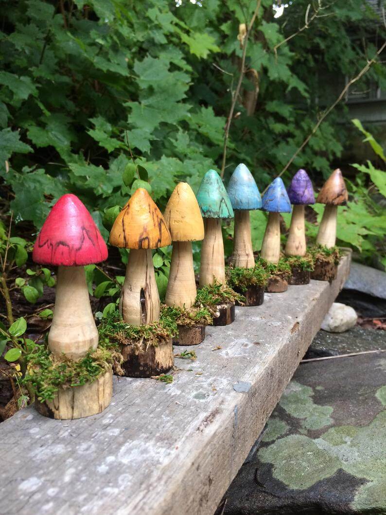 Rainbow Wooden Mushroom Garden Ornaments