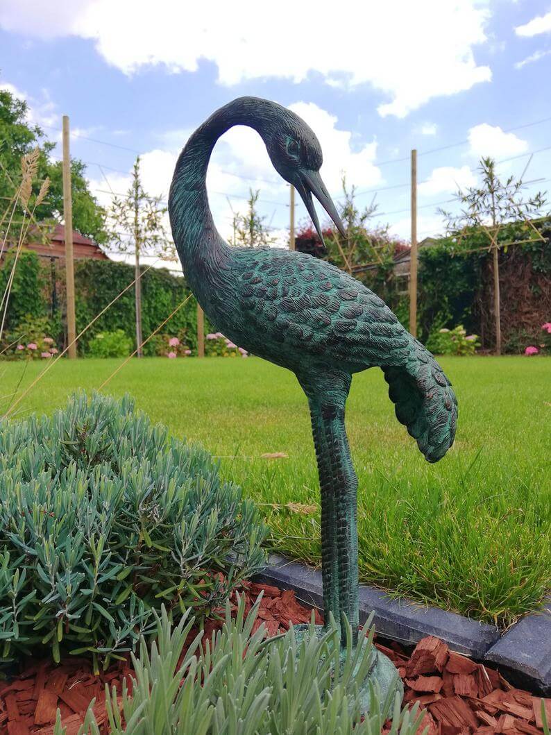 Dark Green Bronze Standing Heron Statue