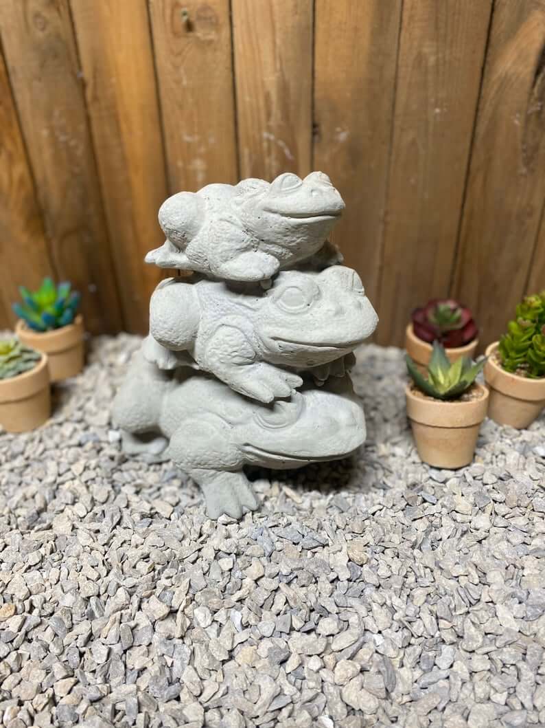 Concrete Frog Buddies Stacked Trio Garden Statues