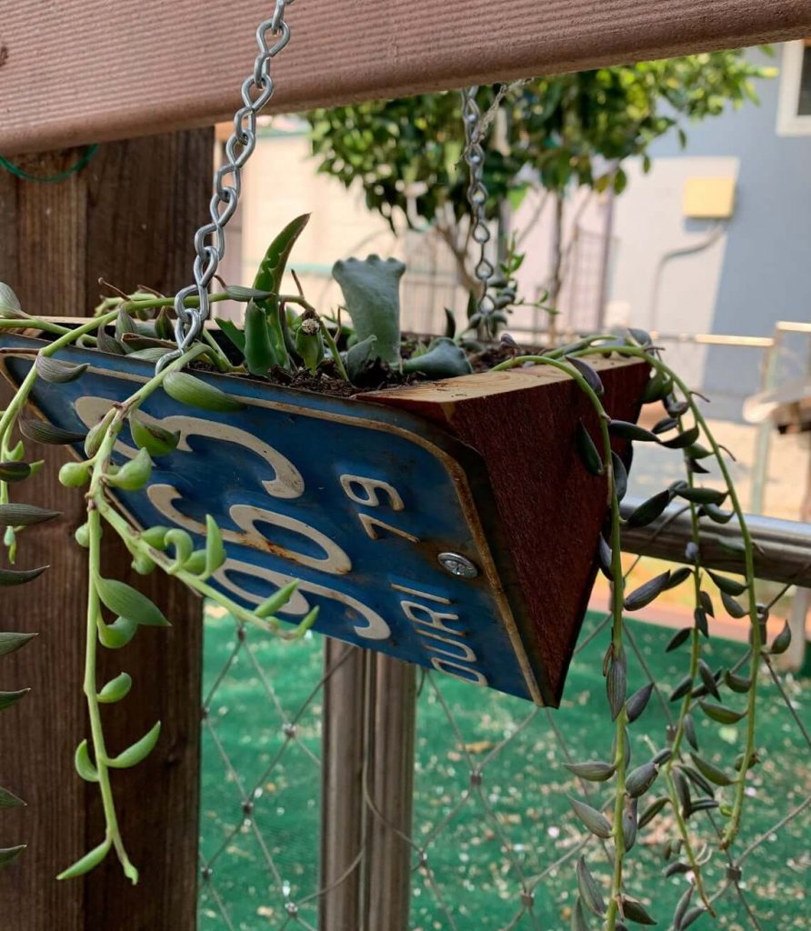 Vintage Repurposed License Plate Triangular Hanging Planter