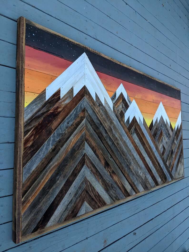 Snow-Capped Mountain Sunset Made from Reclaimed Wood