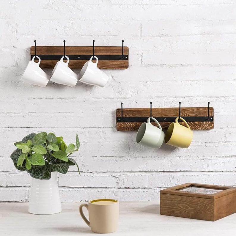 Metal and Wood Four Mug Wall Organizer