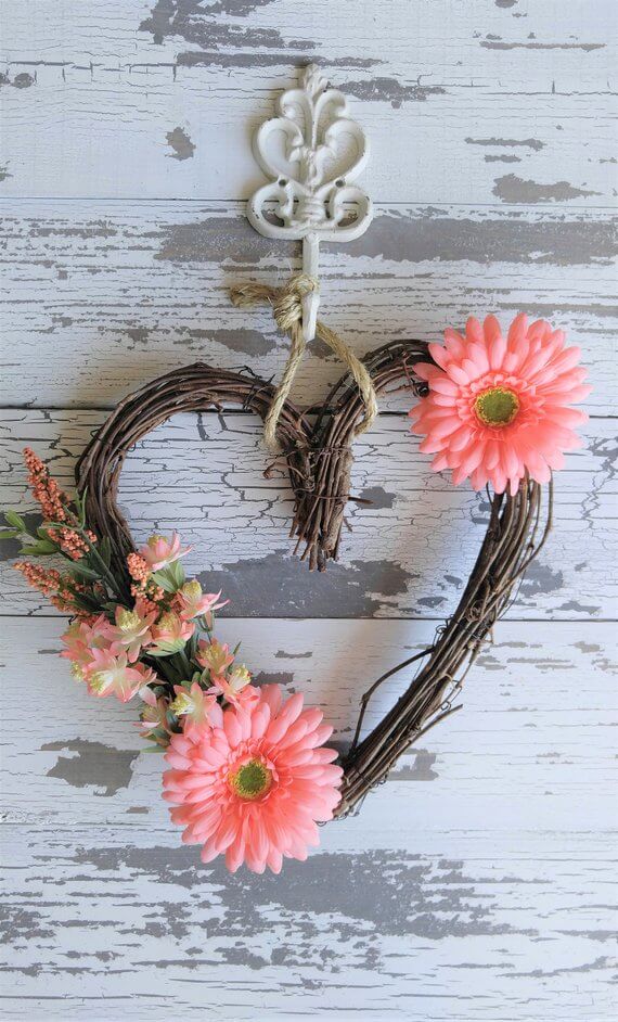 Grapevine Heart Wreath with Pink Flowers