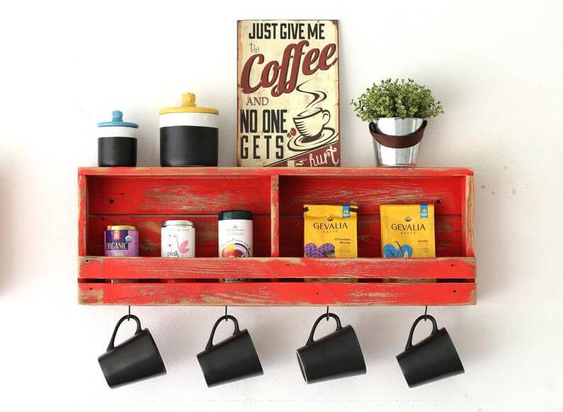 Vintage Red Wooden Shelf with Mug Hooks