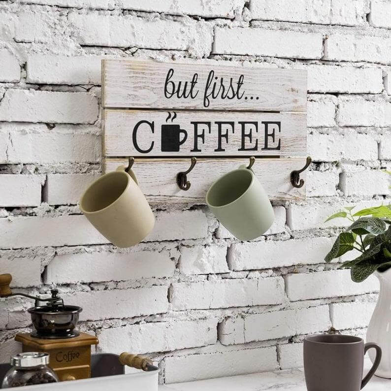 Distressed White Coffee Sign with Mug Hooks