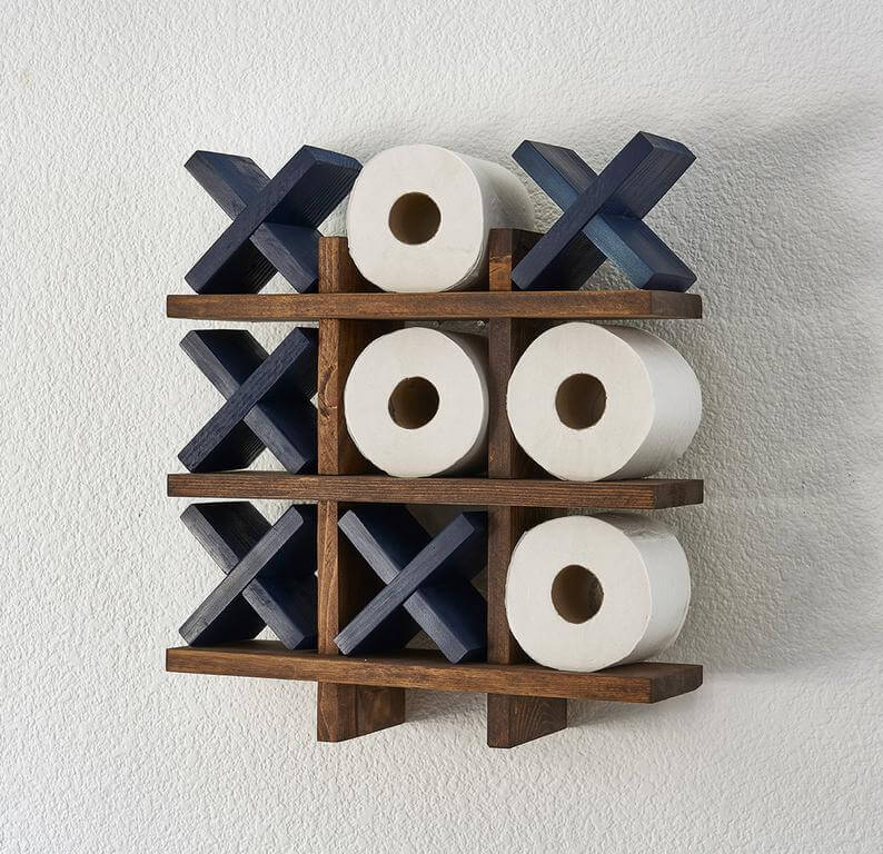 Handmade Tic Tac Toe Toilet Paper holder COMPACT DESIGN No Assembly Required 