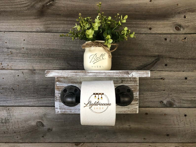 Wood Toilet Paper Holder With Shelf- Wall Mounted Rustic Modern Farmhouse