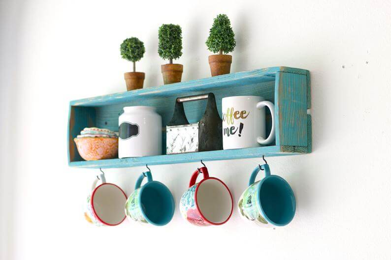 Distressed Turquoise Wooden Box Mug Holder