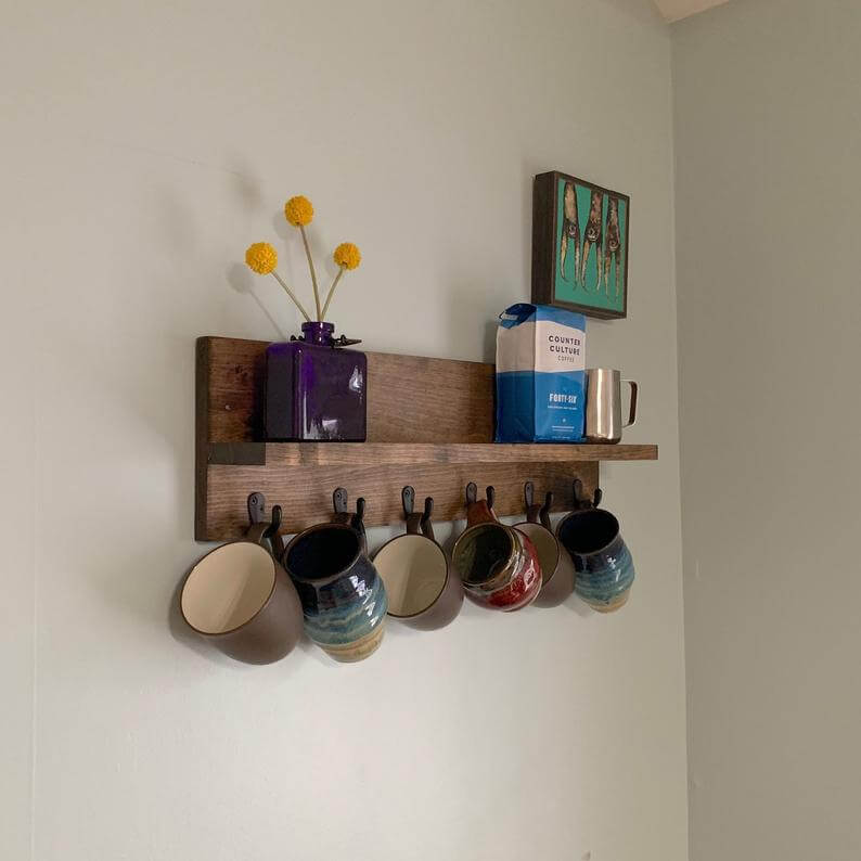 Long Wooden Shelf with Mug Hooks